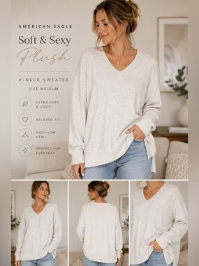 American Eagle Soft & Sexy Plush V-Neck Sweater Medium Oatmeal Cream High Low